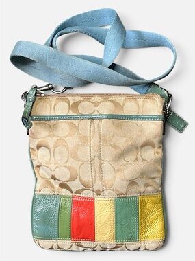 Coach Beige Signature Canvas Crossbody with Multicolor Leather Stripe Trim
